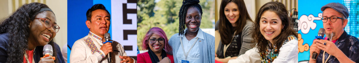 Collage of photos of Global Voices participants smiling and giving talks at conferences. 