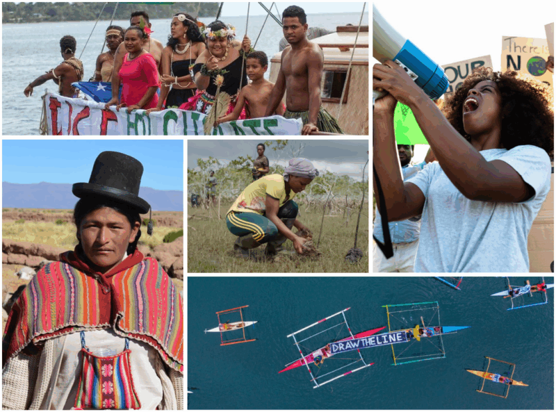 Top left: Climate protestors in Port Vila, Vanuatu. Photo from 350.org Flickr account. CC BY-NC-SA 2.0. Top right: Feature image via Canva Pro. Bottom left: Dominga Uño, a Bolivian Indigenous environmental advocate. Image from Flickr via license CC BY-ND 2.0. Center: Screenshot from UN Environment YouTube Video. Bottom right: Fishermen protest in the Philippines as part of the “Draw the Line” campaign. Photo from 350.org. Used with permission.